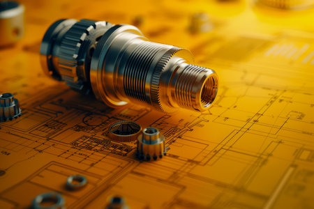 Close up View of Metal Coaxial Cables and Connectors on Technical Schematic Drawing Background AI Generativeの素材