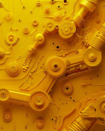 Abstract Yellow Mechanical Background with Gears and Cogs in Close up View for Industrial Design Concepts AI Generativeの素材