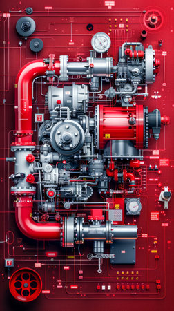 Intricate Industrial Machinery and Piping System with a High Tech Red Background AI Generativeの素材