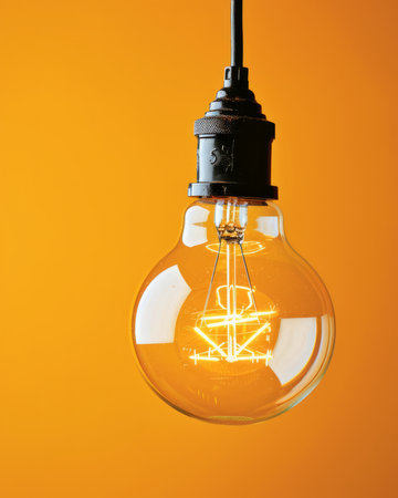 Bright Incandescent Light Bulb Glowing on a Vibrant Orange Background, Illumination Concept, Energy and Electricity AI Generativeの素材