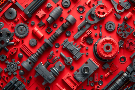 Assortment of Red Machinery Parts and Industrial Equipment Components on Red Background AI Generativeの素材