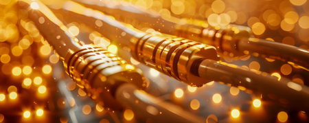 Golden Audio Cables with Sparkling Bokeh Background Concept of High Quality Sound Transmission AI Generativeの素材