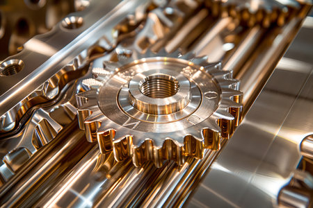 Close up Detail of High Precision Metal Gears with Shiny Surface in Industrial Machinery Concept AI Generativeの素材