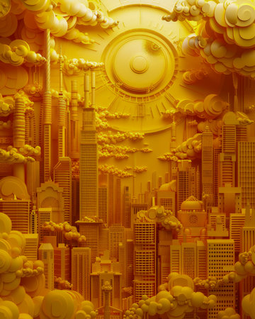 Surreal Golden Cityscape with Sun and Clouds in Dreamlike Setting for Fantasy Concept Art AI Generativeの素材