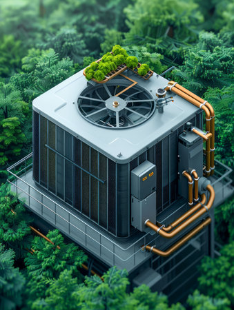 Isometric Digital Illustration of Industrial Air Conditioning Unit Surrounded by Lush Greenery AI Generativeの素材