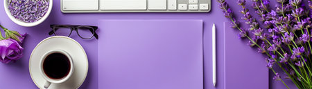 Creative Workspace with Keyboard, Coffee Cup, and Lavender Flowers on Purple Background AI Generativeの素材