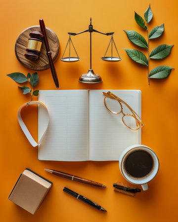 Flat Lay Legal Concept with Coffee, Glasses, Gavel, and Scales on Orange Background for Law Professionals AI Generativeの素材