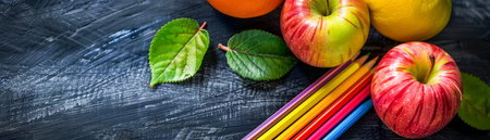 Colorful Apples with Fresh Green Leaves on Dark Slate Background Variety of Organic Fruit Arrangement with Colored Pencils AI Generativeの素材