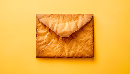 Crumpled Brown Paper Envelope Centered on Bright Yellow Background Office Stationery, Mailing Concept, and Textured Surfaces AI Generativeの素材