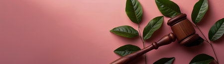 Elegant Wooden Gavel on Pink Background with Green Leaves Legal Authority, Law and Justice Concept, Auction Symbol AI Generativeの素材