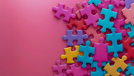 Colorful Interlocking Jigsaw Puzzle Pieces on a Pink Background with Copy Space for Creative Concepts AI Generativeの素材