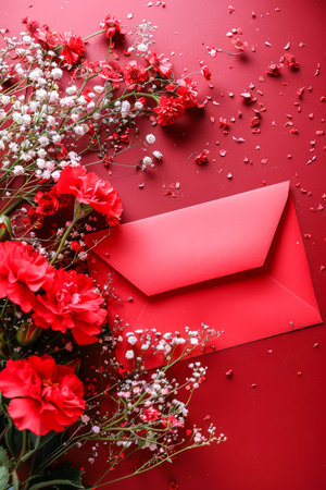 Vibrant Red Floral Arrangement with Envelope on Red Background Festive Greeting Card Concept AI Generativeの素材