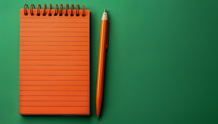 High Angle View of Orange Spiral Notebook and Pencil on Green Background with Copy Space AI Generativeの素材