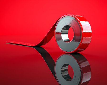 Shiny Red Ribbon Curled on Reflective Surface with Vibrant Red Background for Gift Wrapping and Decoration Concepts AI Generativeの素材