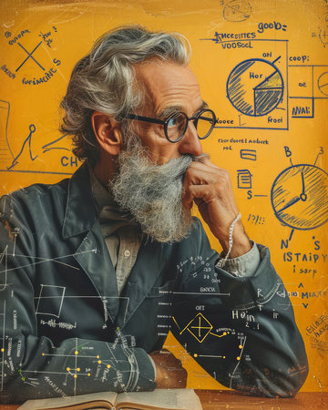 Pensive Senior Scientist with Beard in Thought Amongst Hand Drawn Mathematical Formulas and Diagrams on Yellow Background AI Generativeの素材