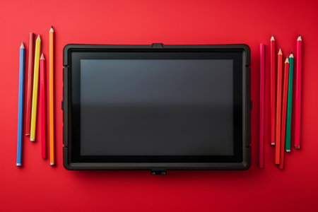 Modern Black Digital Tablet Surrounded by Colorful Pencils on Vibrant Red Background Creative Workspace Concept AI Generativeの素材