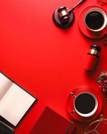 Modern Work Desk with Red and Black Aesthetic Featuring Gavel, Coffee Mug, Notebook, and Accessories on Red Background AI Generativeの素材