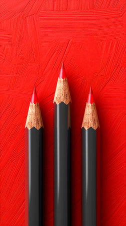 Red and Black Pencils on a Textured Red Background Art Supplies Concept AI Generativeの素材