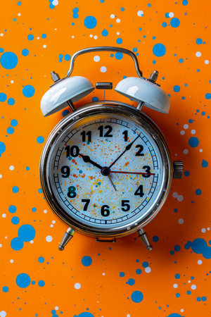 Vintage Alarm Clock on Vibrant Orange Polka Dot Background Showing Time Concept AI Generativeの素材