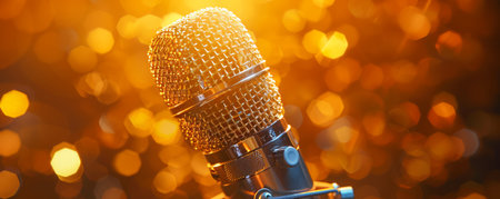 Professional Studio Microphone on Blurred Amber Bokeh Background for Music Recording AI Generativeの素材