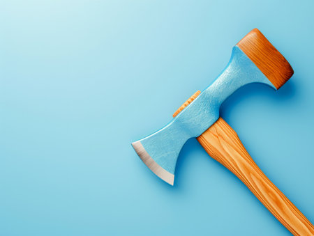 Professional Single Bit Axe with Wooden Handle on Blue Background Quality Hand Tool for Woodworking and Outdoor Activities AI Generativeの素材