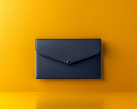 Elegant Black Leather Envelope Clutch on Vibrant Yellow Background, Minimalist Fashion Accessory Design, Top View AI Generativeの素材