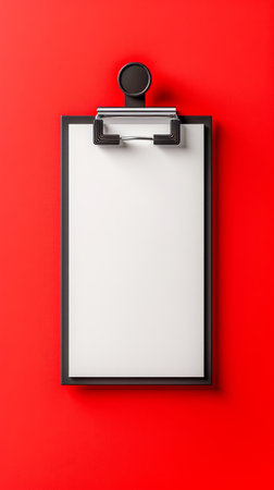 Blank White Paper Clipboard on Vibrant Red Background Top View Office Mockup with Copy Space AI Generativeの素材