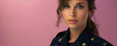 Portrait of a Confident Young Woman with Intense Gaze Posing in a Navy Blue Outfit Against a Soft Pink Background AI Generativeの素材