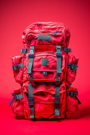 Durable Red Outdoor Hiking Backpack with Multiple Compartments on Vibrant Red Background AI Generativeの素材