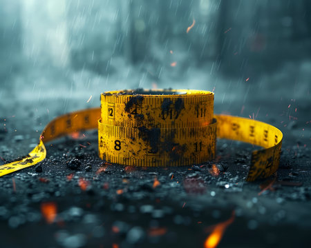 Close up of a Weathered Yellow Measuring Tape on Wet Asphalt with Sparkling Raindrops and Dramatic Lighting AI Generativeの素材