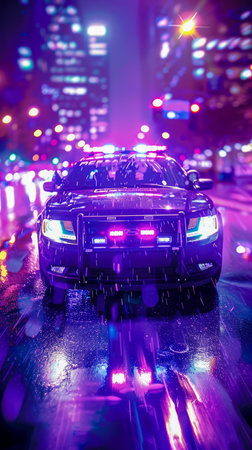 Nighttime City Police Patrol with Blazing Siren Lights Reflecting on Wet Urban Streets AI Generativeの素材