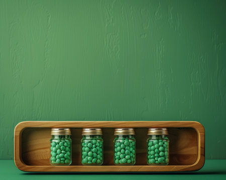 Modern Kitchen Shelf with Wooden Rack and Jars Filled with Green Peas Against a Dark Green Background AI Generativeの素材