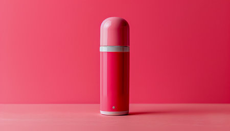 Sleek Pink Insulated Thermal Flask on Vibrant Red Background Contemporary Minimalist Design AI Generativeの素材