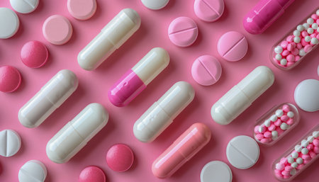 Assorted Pharmaceutical Pills and Capsules on Pink Background Healthcare and Medicine Concept AI Generativeの素材