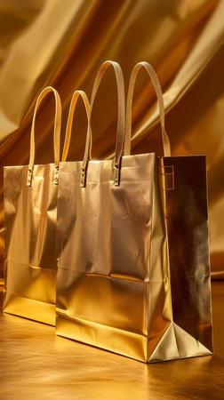 Elegant Golden Shopping Bags Arrayed on Wooden Floor with Soft Lighting in Luxurious Retail Space AI Generativeの素材