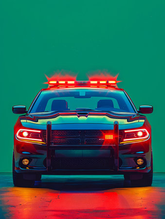 Vibrant Retro Futuristic Police Car with Neon Lights on a Green Background Law Enforcement Concept Art AI Generativeの素材