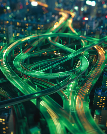 Busy Nighttime Cityscape with Modern Illuminated Expressways and Urban Infrastructure AI Generativeの素材