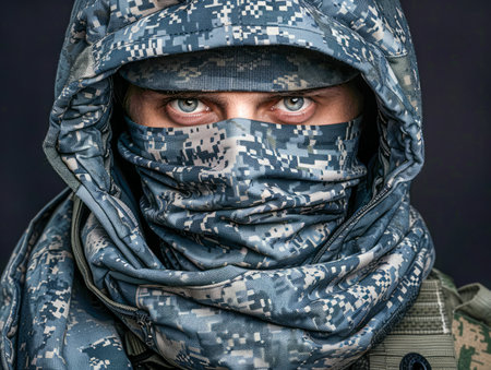 Close Up Portrait of Soldier in Camouflage Military Uniform with Focused and Intense Gaze AI Generativeの素材