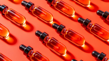 High Quality Essential Oil Ampoules Arranged on Vibrant Red Background for Health and Beauty AI Generativeの素材