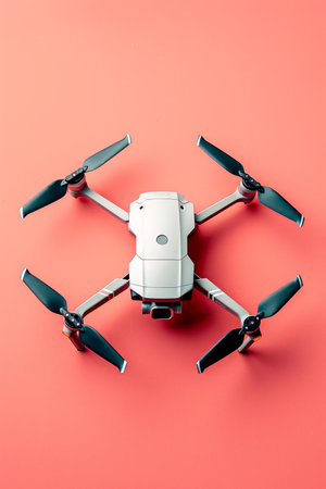 Top View of a Modern White Drone with Black Propellers on a Vibrant Pink Background Tech Photography AI Generativeの素材