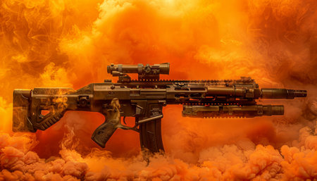 Military Assault Rifle with Scope on Fiery Explosion Background for Action Concepts AI Generativeの素材
