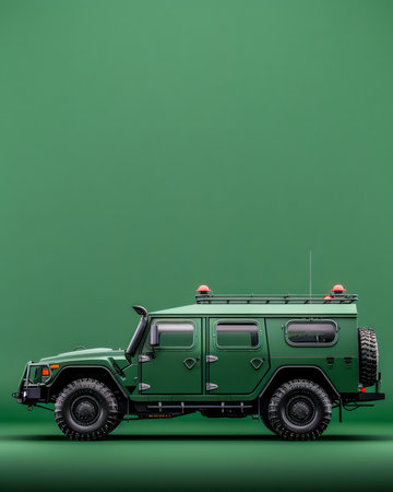 Miniature Military Vehicle Model on a Solid Green Background Detailed Toy Representation with Realistic Features AI Generativeの素材