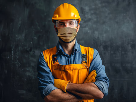 Portrait of a Professional Construction Worker with Safety Gear and Face Mask Against Textured Dark Background AI Generativeの素材