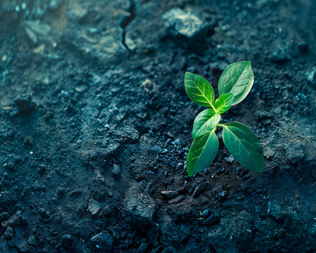 Vibrant Green Sapling Emerging from Rich Dark Soil Symbolizing New Life and Growth AI Generativeの素材