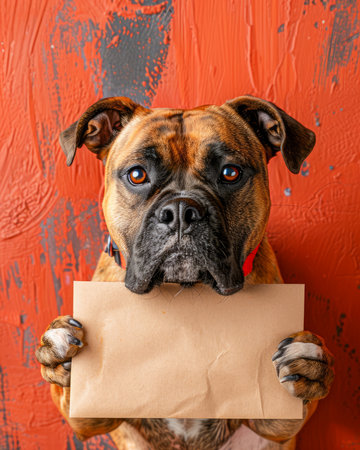 Adorable Boxer Dog Holding a Blank Envelope in Paws Against Textured Red Background AI Generativeの素材
