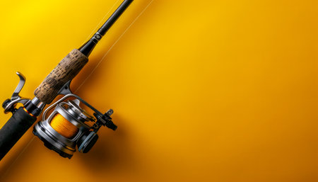 Professional Fishing Rod and Reel on Vibrant Yellow Background with Copy Space Angling Equipment Close Up Shot AI Generativeの素材
