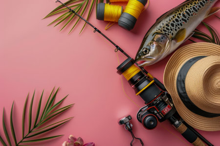 Freshwater Fishing Equipment with Lure, Rod and Reel, Hat on Pink Background, Angling Gear and Accessories Concept, Top View AI Generativeの素材
