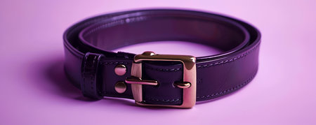 Classic Black Leather Belt with Gold Tone Buckle on Purple Background Elegant Accessory for Fashion and Apparel AI Generativeの素材