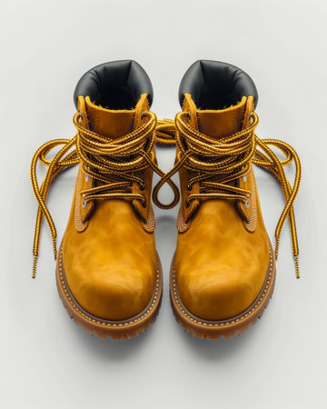 New Stylish Yellow Work Boots with Leather Uppers and Sturdy Rubber Soles on White Background AI Generativeの素材