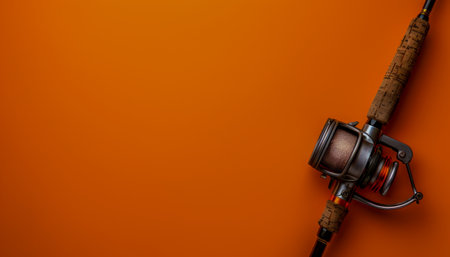Top View of a Single Fishing Rod with Reel on Vibrant Orange Background Hobby and Leisure Concept AI Generativeの素材